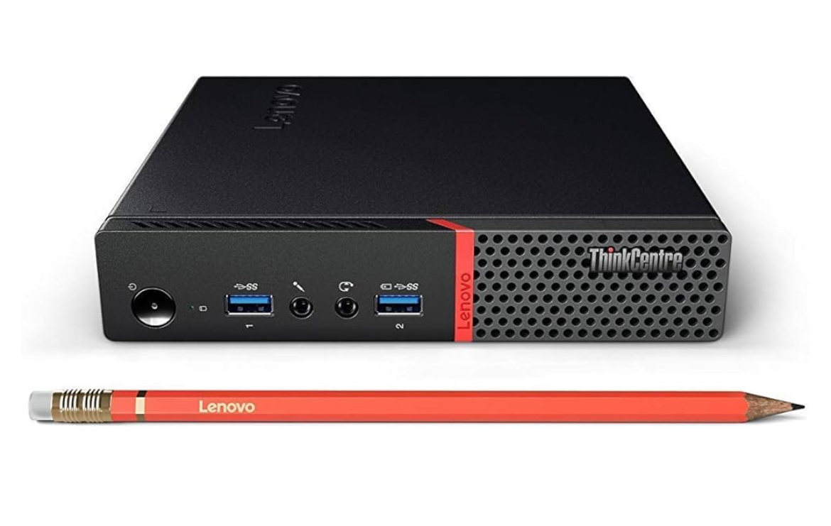 Lenovo ThinkCentre M900 Tiny Desktop with a Pencil in front