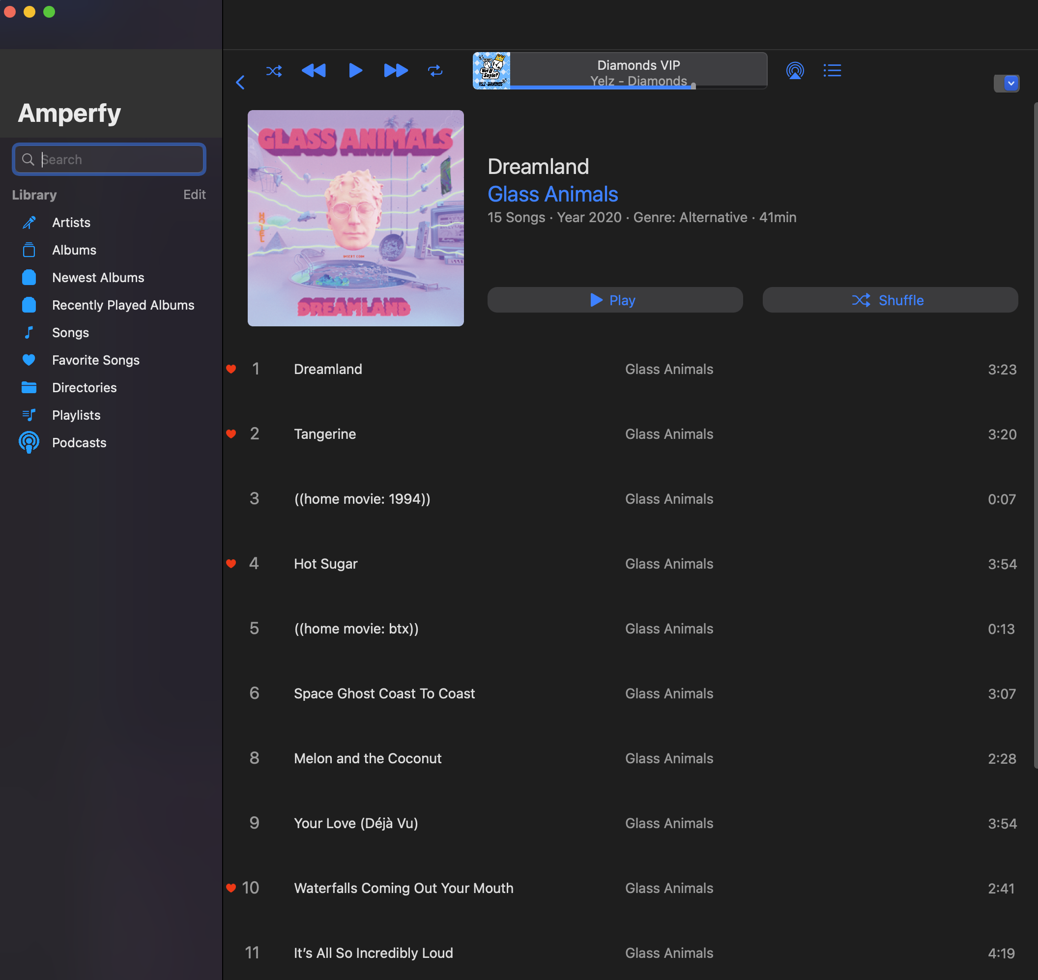 Screenshot of Amperfy on MacOS looking at the Dreamland album by Glass Animals