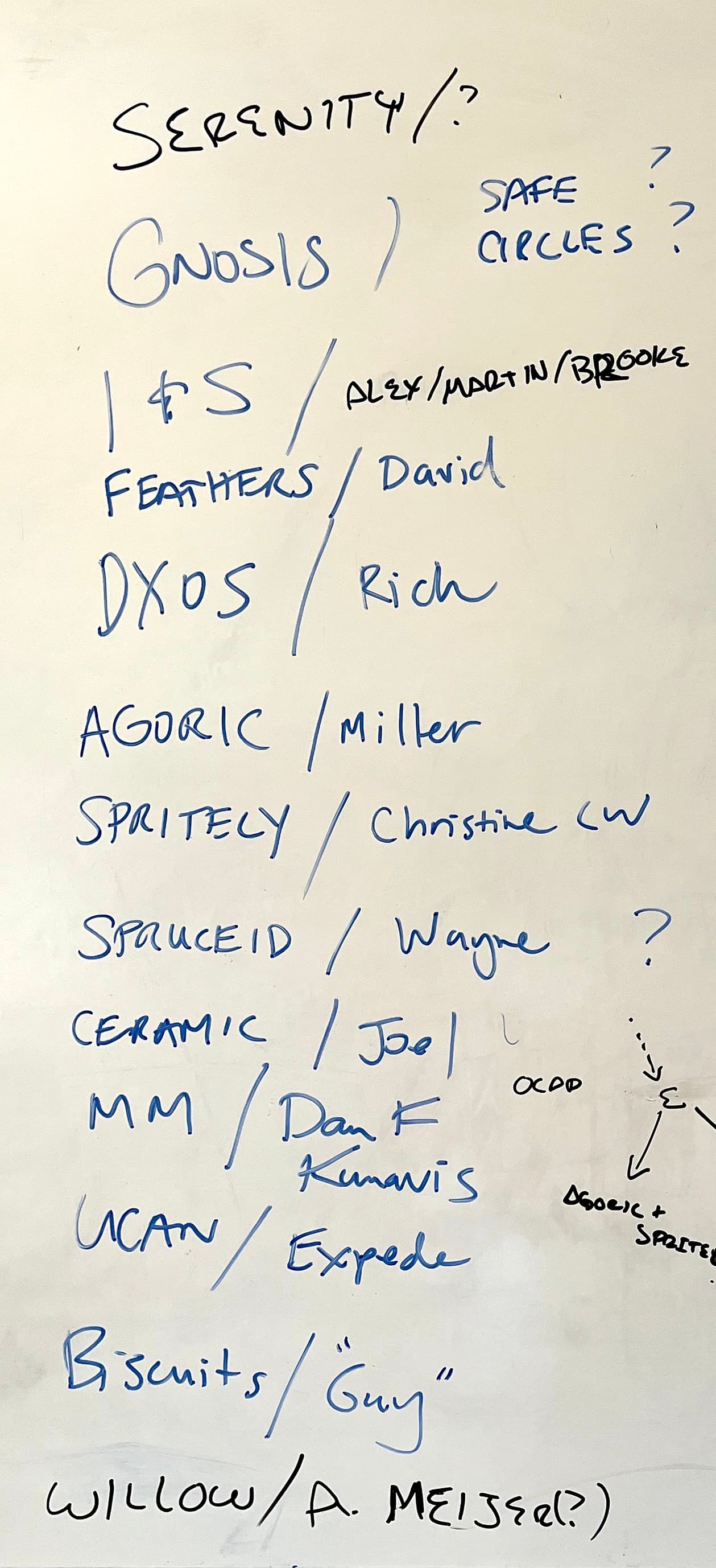 Whiteboard photo of a list of capabilties interested groups