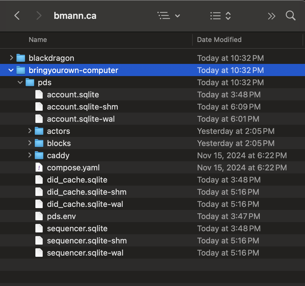 Screenshot of Mac Finder, the window says bmann.ca which is my Tailnet name. I have the bringyourown-computer folder open to display the pds folder.