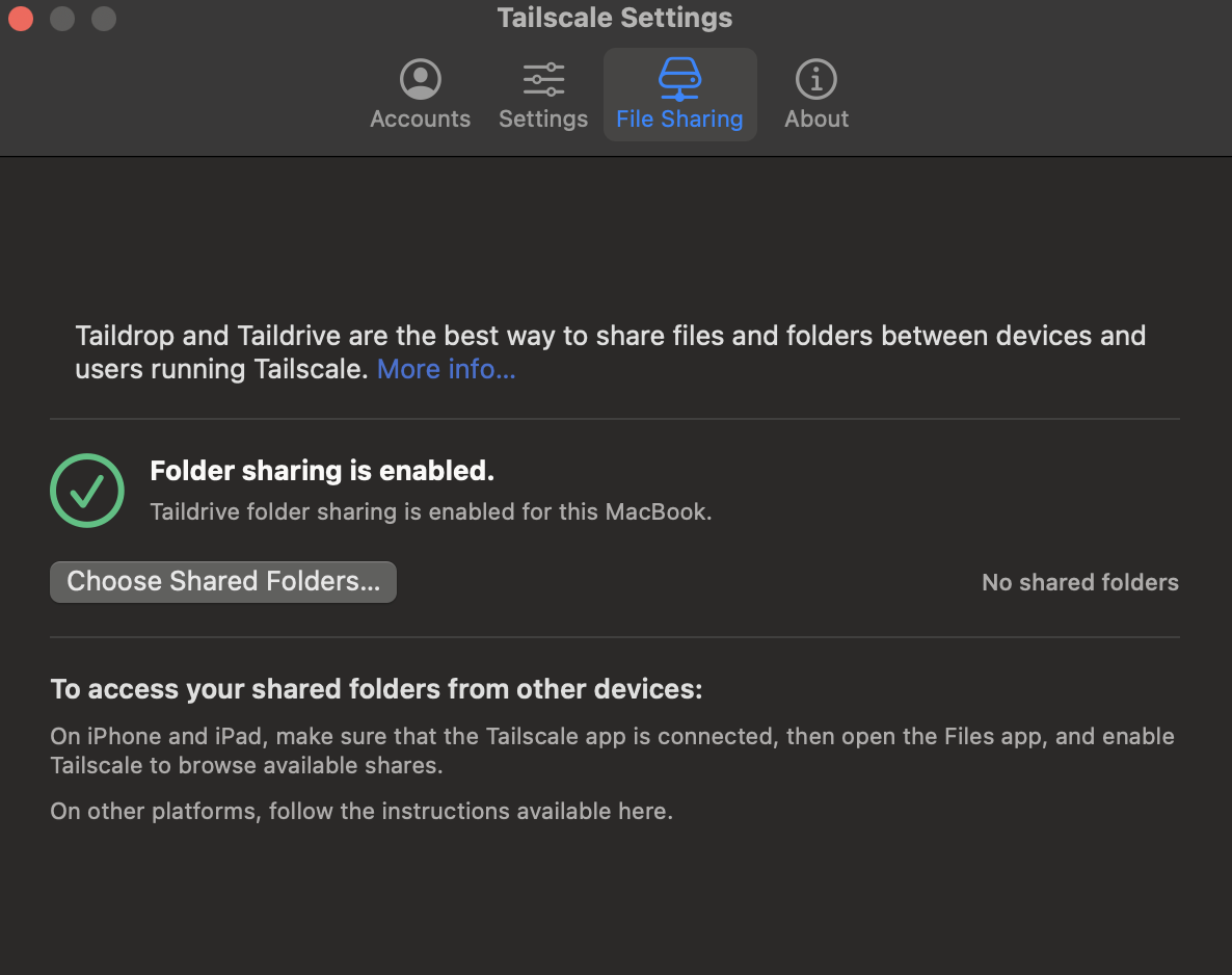 Screenshot of Tailscale Settings - File Sharing