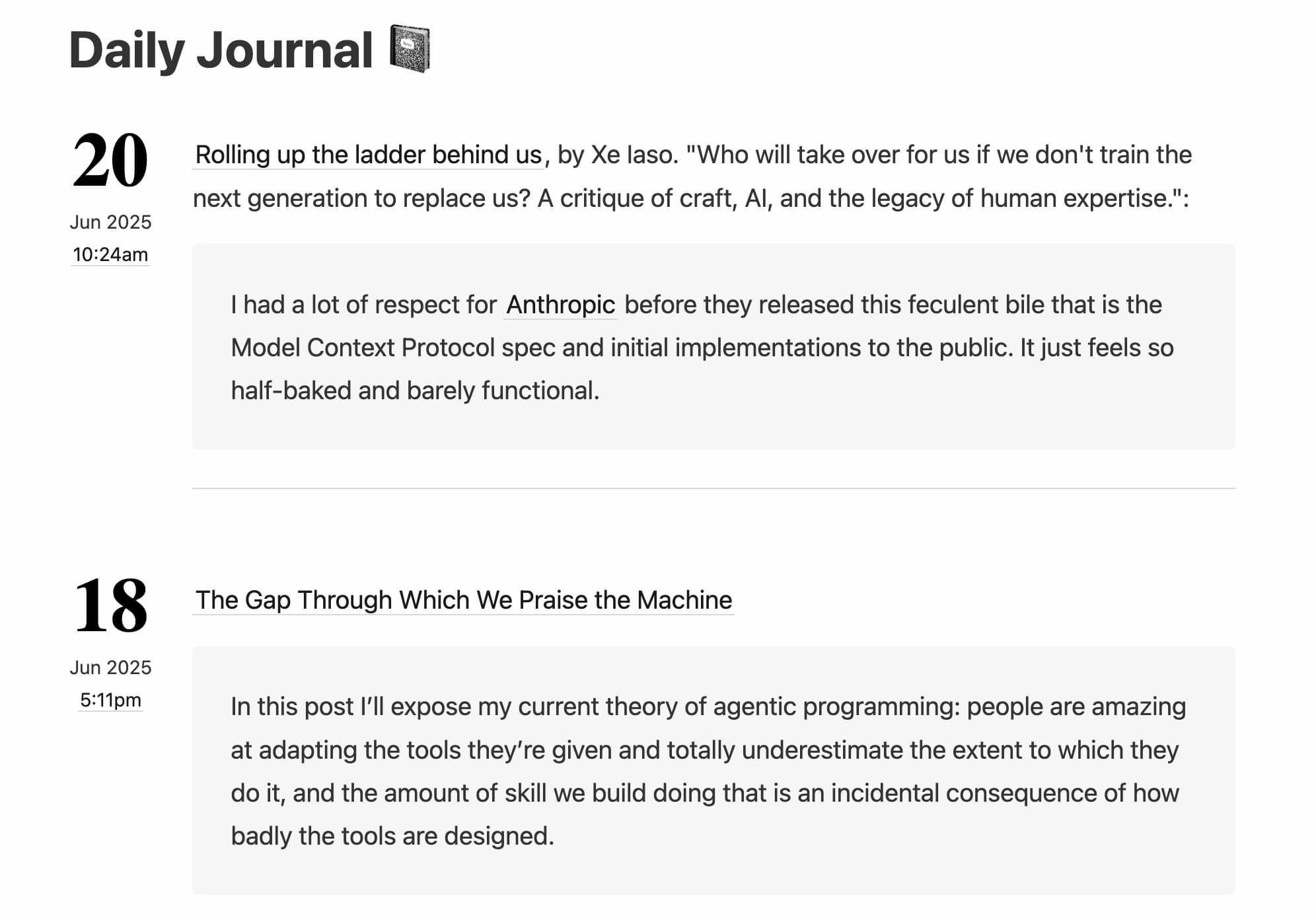 Screenshot of bmannconsulting.com/journal/ listing Daily Journal entries
