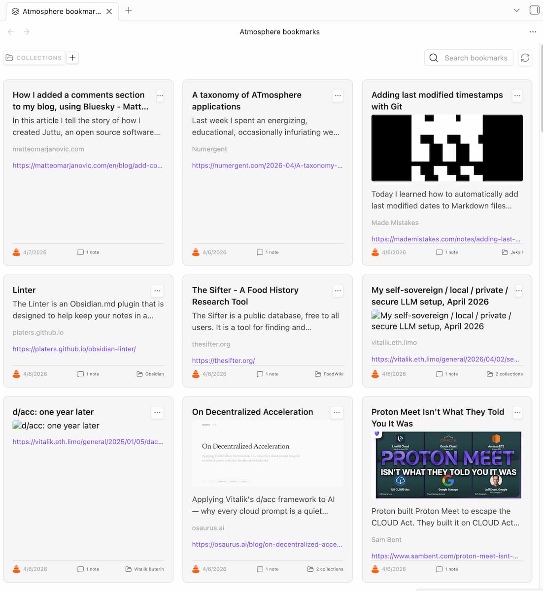 Screenshot of the Atmosphere bookmarks - shows a 3 column grid of latest bookmarks