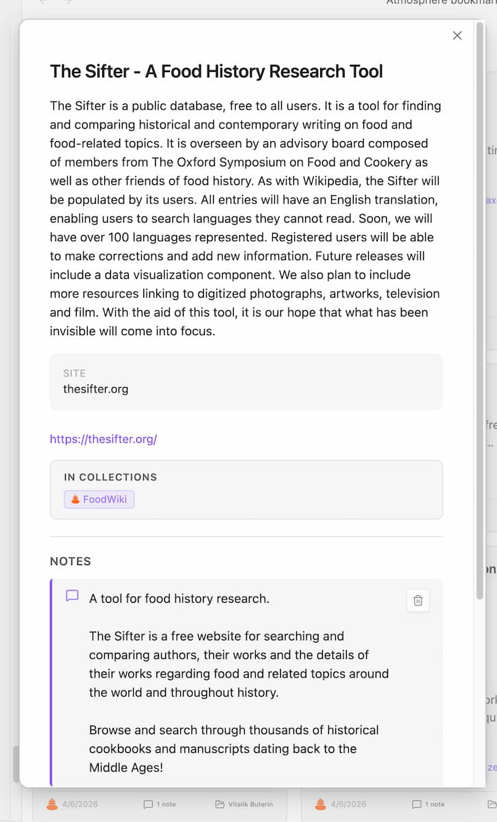 Screenshot of a single bookmark modal, fetchs info from website, shows URK, which collections, and any notes